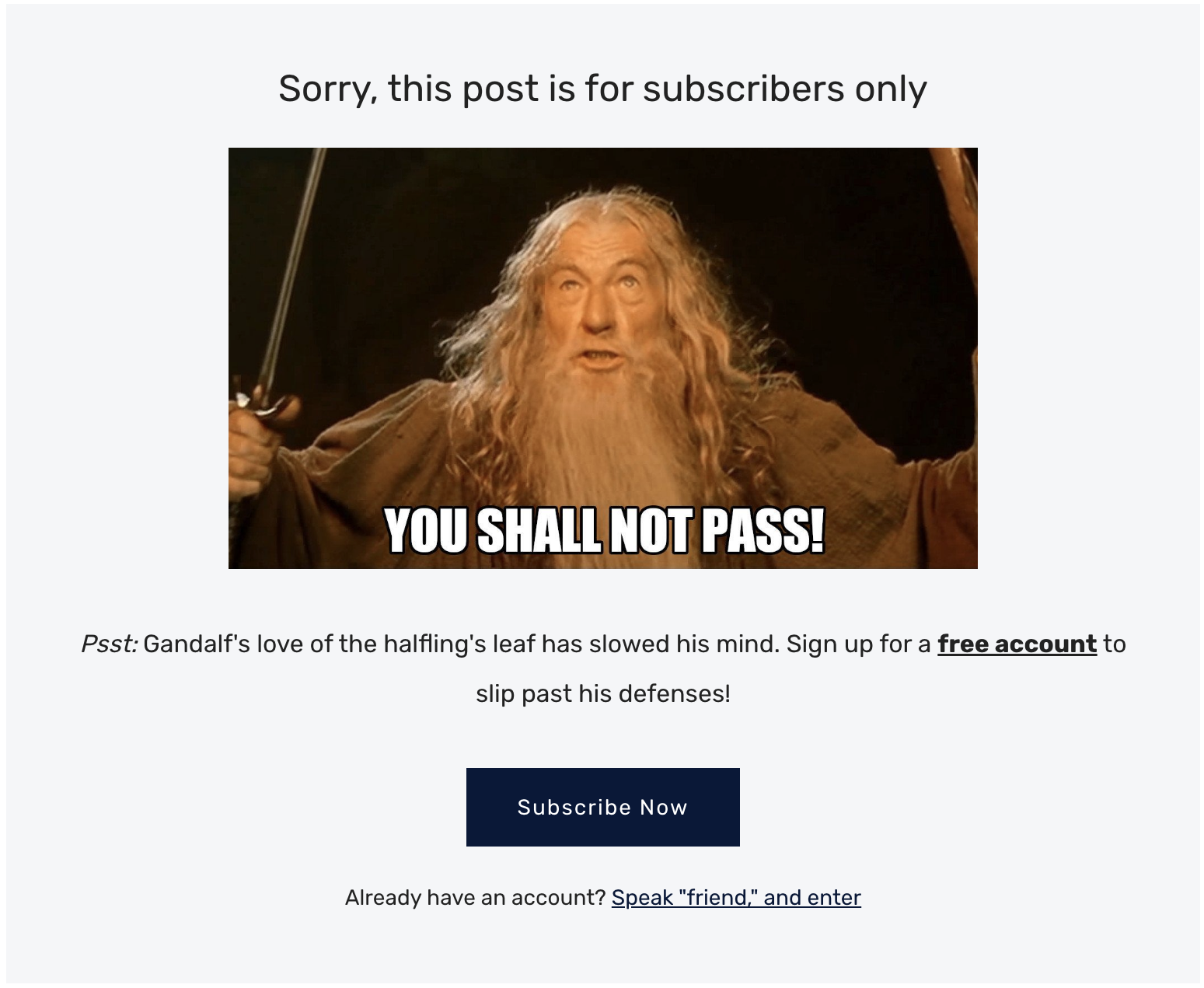 Gandalf "you shall not pass" subscribe page